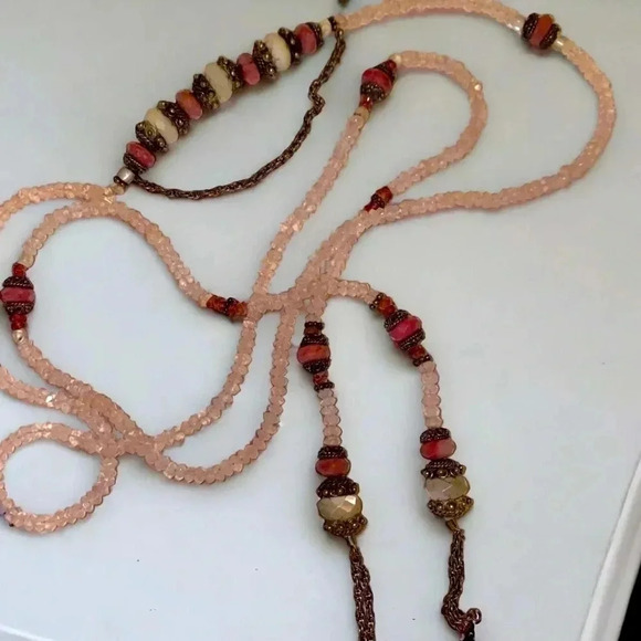 Gemstone Rose Quartz Morganite Rhodochrosite Scarf Tassel Flapper Style Necklace - Picture 1 of 10